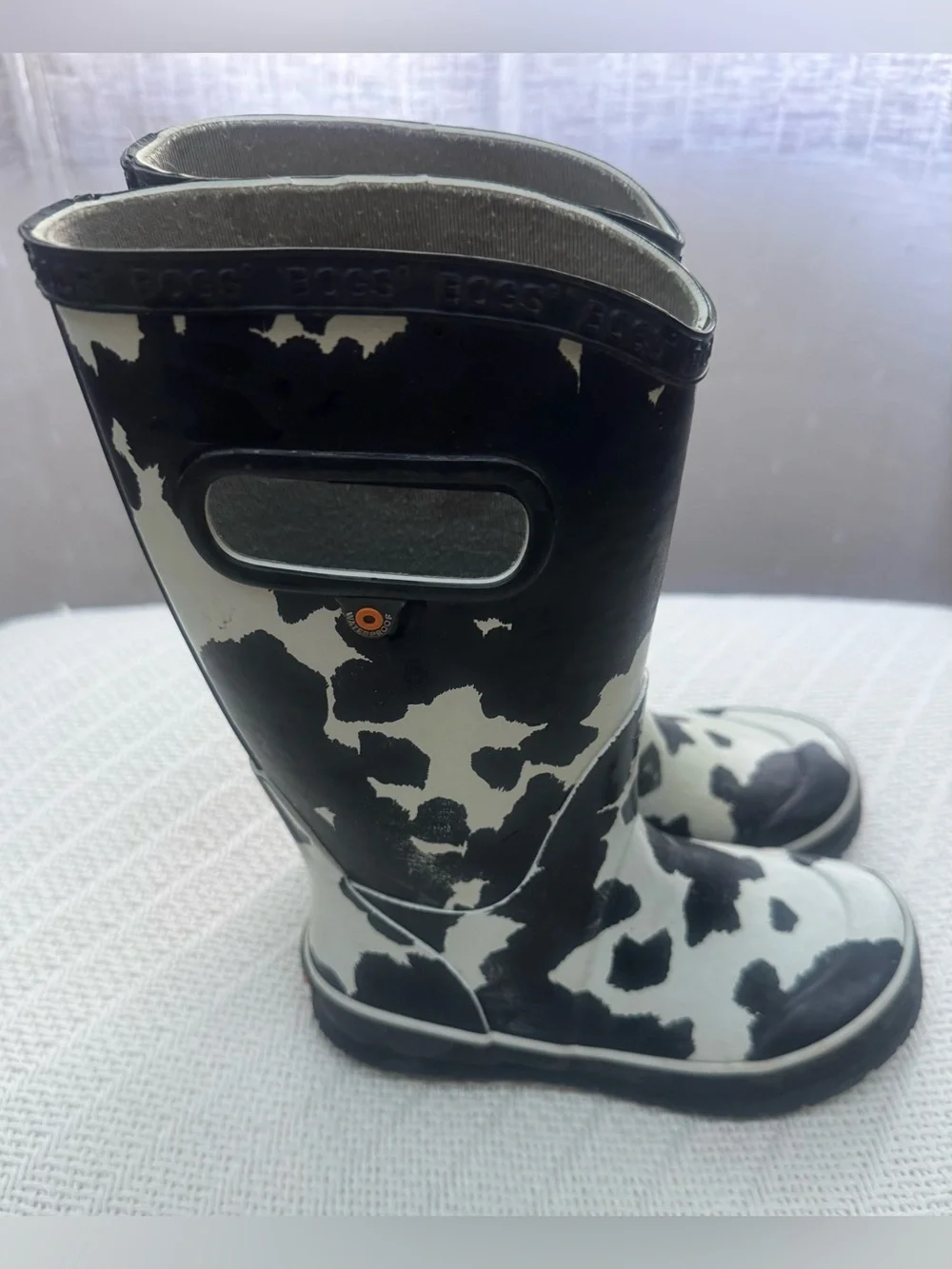 Bogs Kids Sz 12 Black and White Cow Print Rain Boots